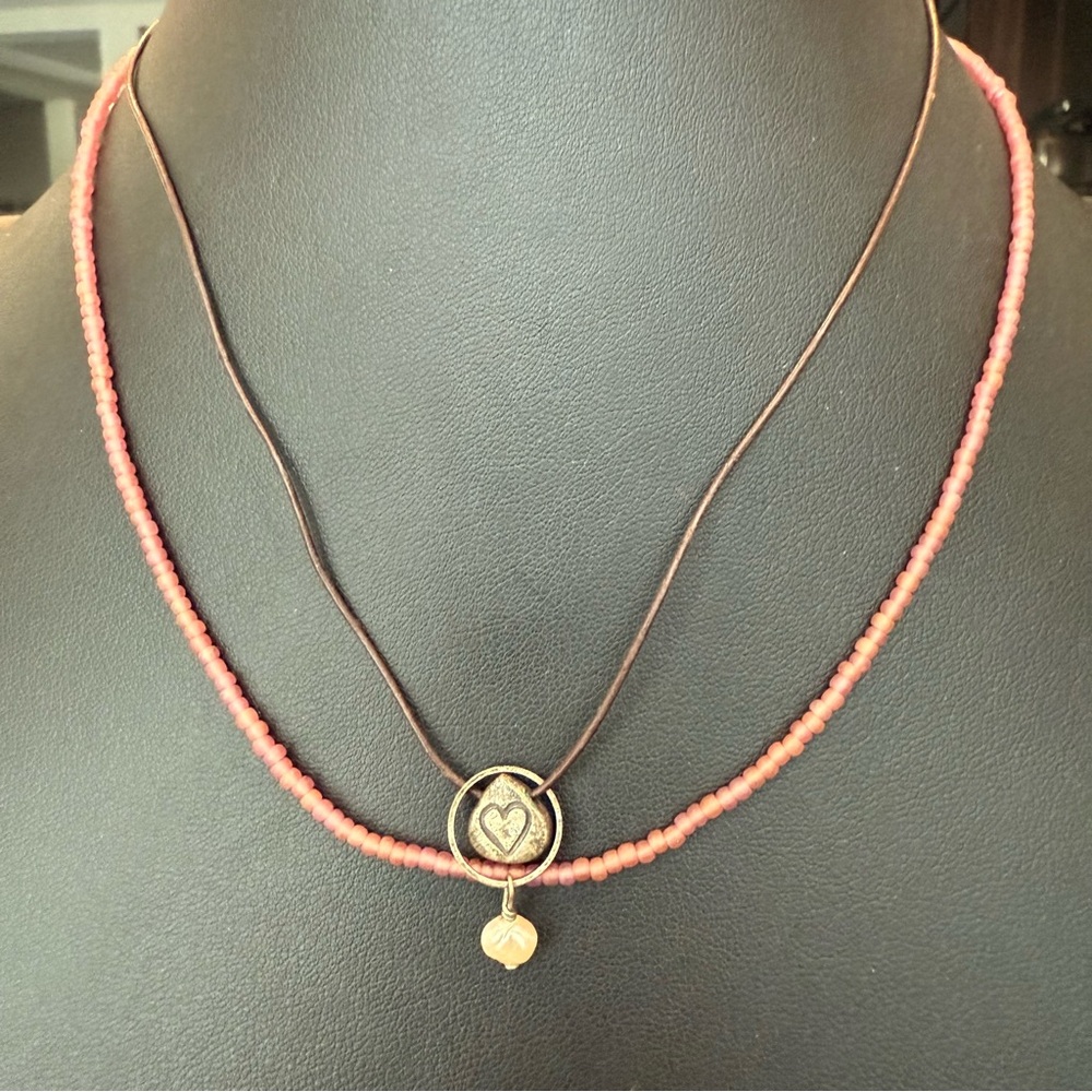 Life is Good Adjustable Length Beaded Necklace Heart Charm Pearl Accent 15-18”